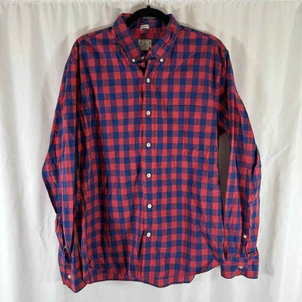 J Crew Slim Fit Button Up Shirt Men's XL Red Blue Plaid Lightweight Long Sleeve